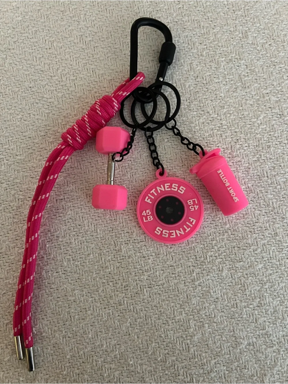 Pink Fitness Keychain Set - Weight Plate, Dumbbell & Shaker Charm